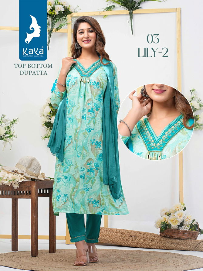 Lily 2 By Kaya Rayon Foil Printed Kurti With Bottom Dupatta Wholesale Price In Surat